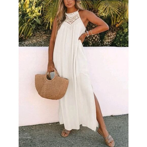 Faroro White Lace Halter Boho Beachy Coastal Side Slits Maxi Sundress Size XL - Picture 1 of 8